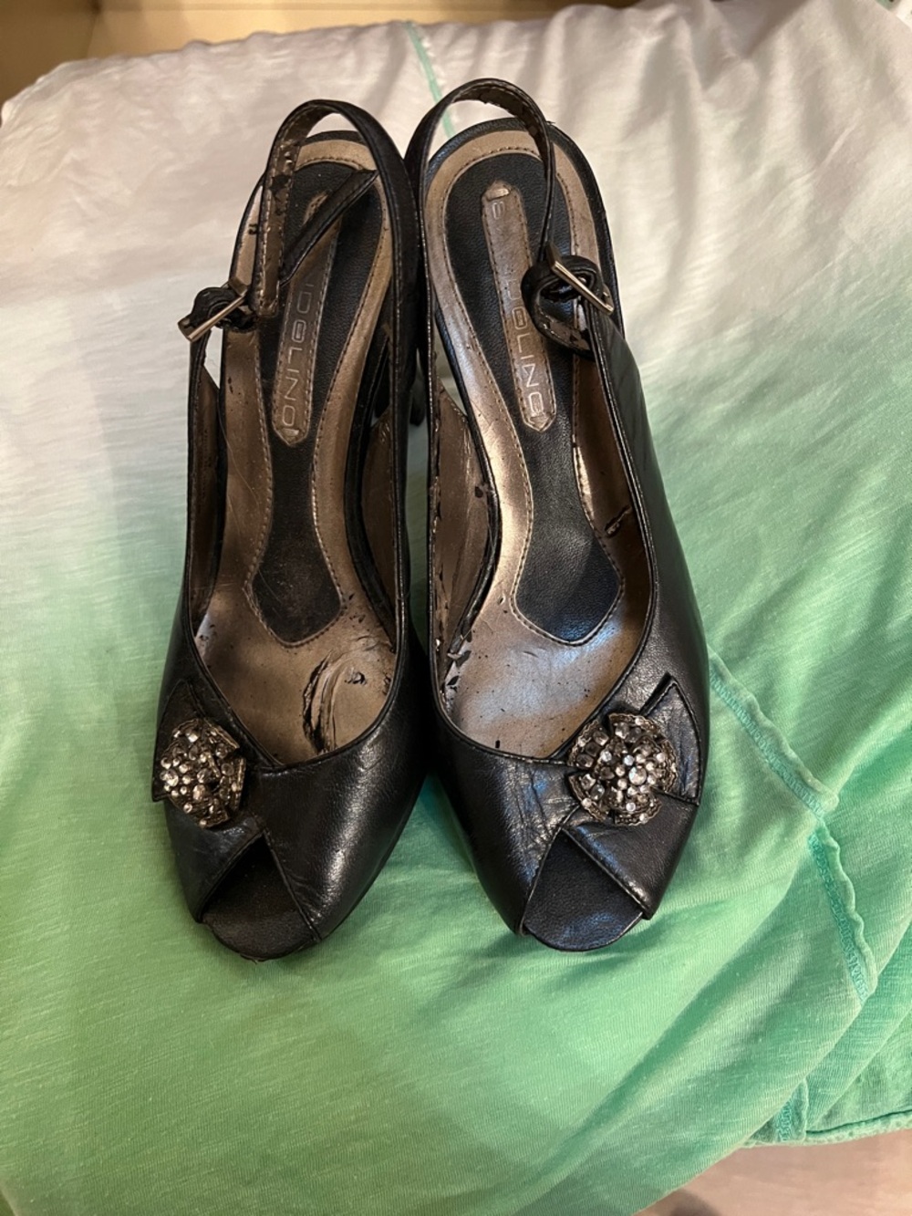 Bandolino Black Peep-Toe Slingback Heels with Crystal Flower Accent